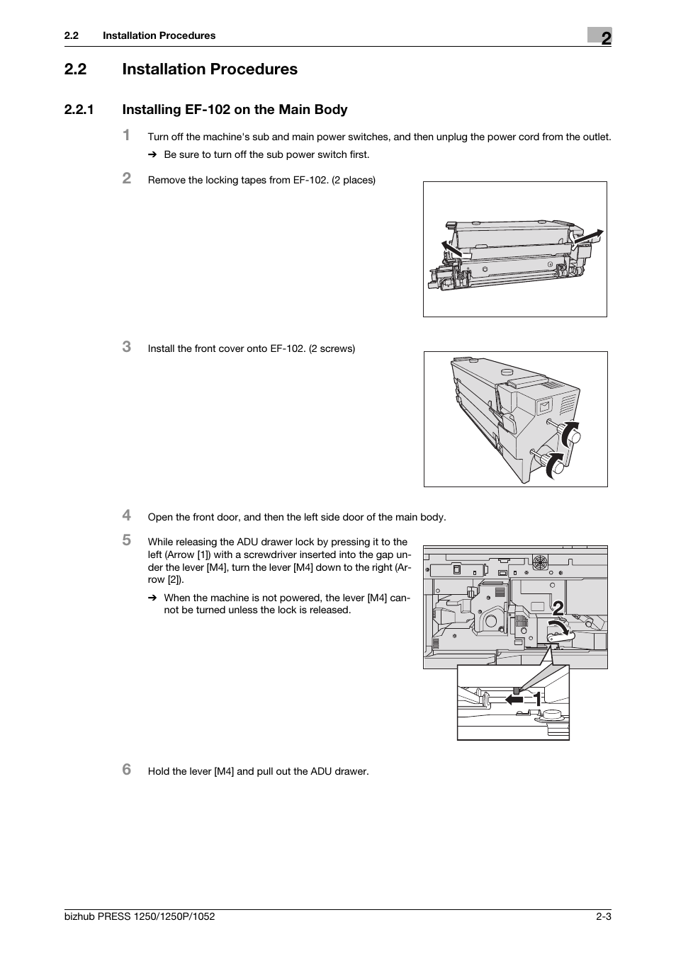 2 installation procedures, 1 installing ef-102 on the main body, Installation procedures -3 | Installing ef-102 on the main body -3 | Konica Minolta bizhub PRESS 1052 User Manual | Page 13 / 42