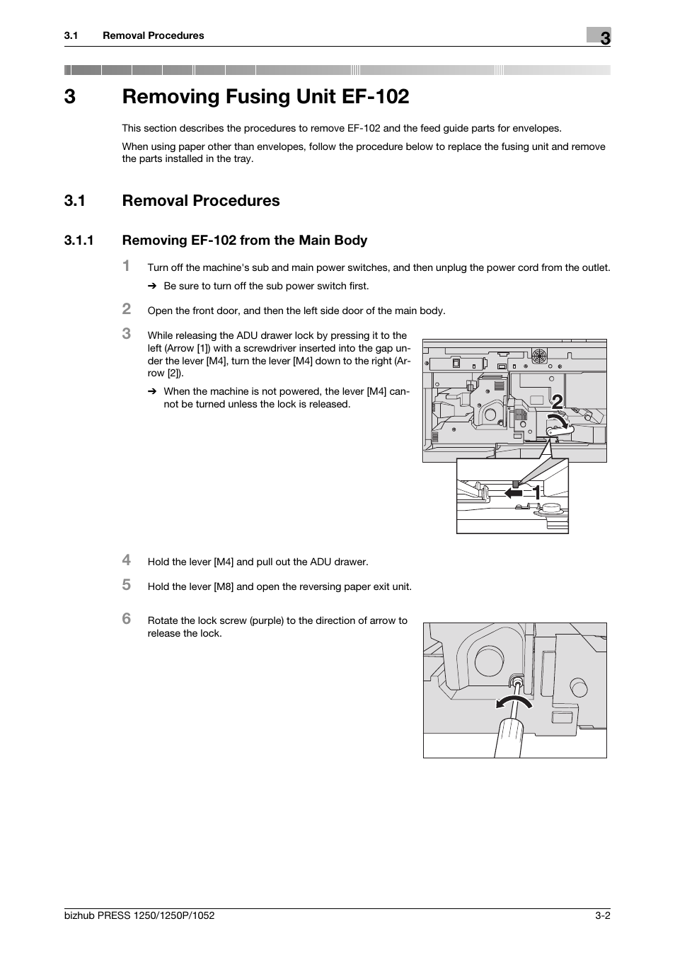 3 removing fusing unit ef-102, 1 removal procedures, 1 removing ef-102 from the main body | Removing fusing unit ef-102, Removal procedures -2, Removing ef-102 from the main body -2, 3removing fusing unit ef-102 | Konica Minolta bizhub PRESS 1052 User Manual | Page 19 / 42