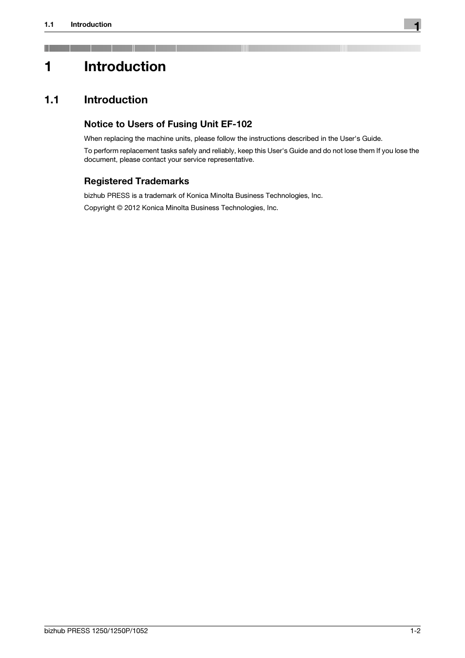 1 introduction, Introduction, Introduction -2 | 1introduction | Konica Minolta bizhub PRESS 1052 User Manual | Page 5 / 42
