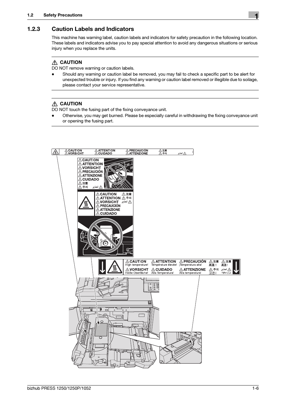 3 caution labels and indicators, Caution labels and indicators -6 | Konica Minolta bizhub PRESS 1052 User Manual | Page 9 / 42