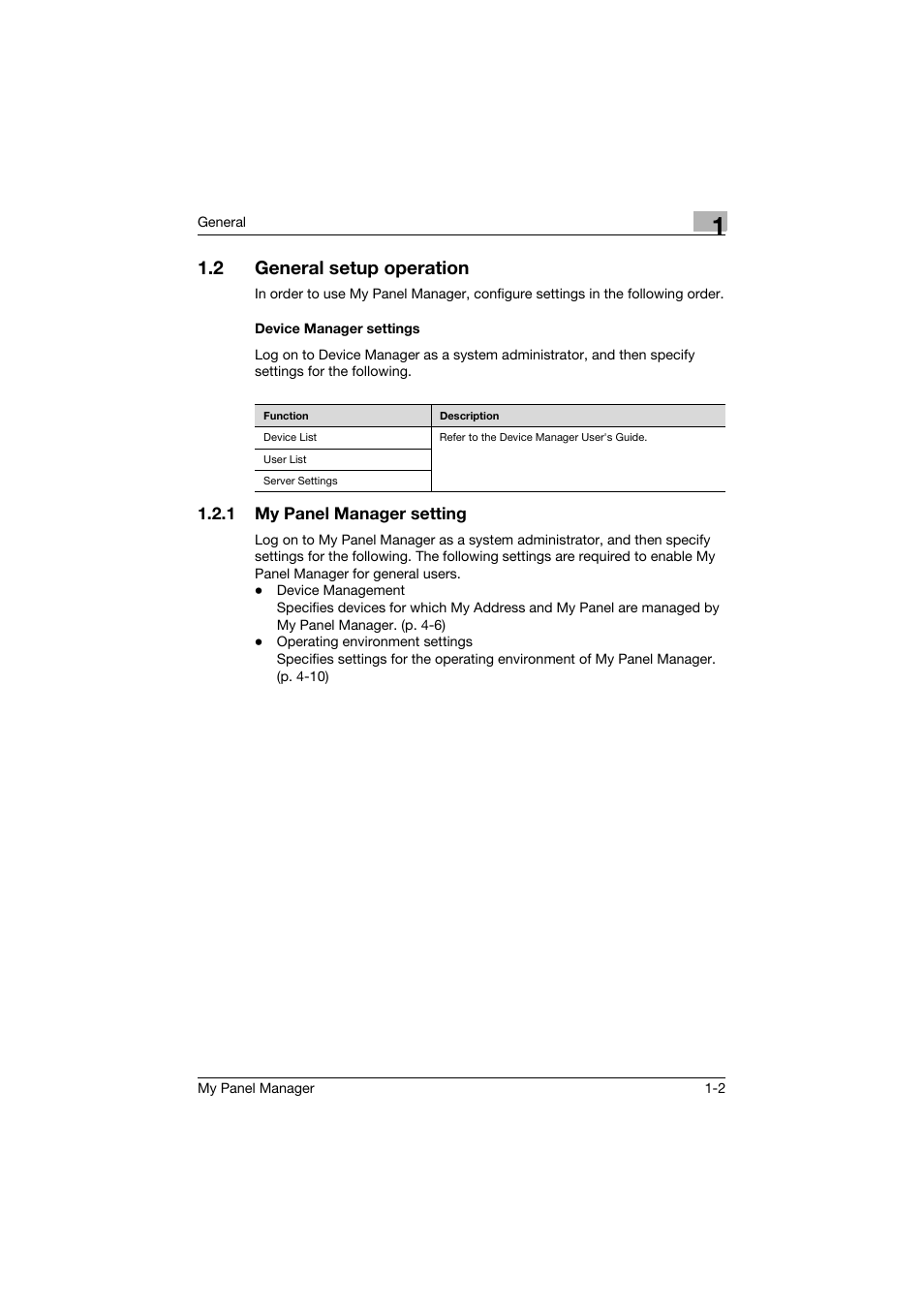 2 general setup operation, Device manager settings, 1 my panel manager setting | General setup operation -2, Device manager settings -2, My panel manager setting -2 | Konica Minolta PageScope Enterprise Suite User Manual | Page 10 / 132