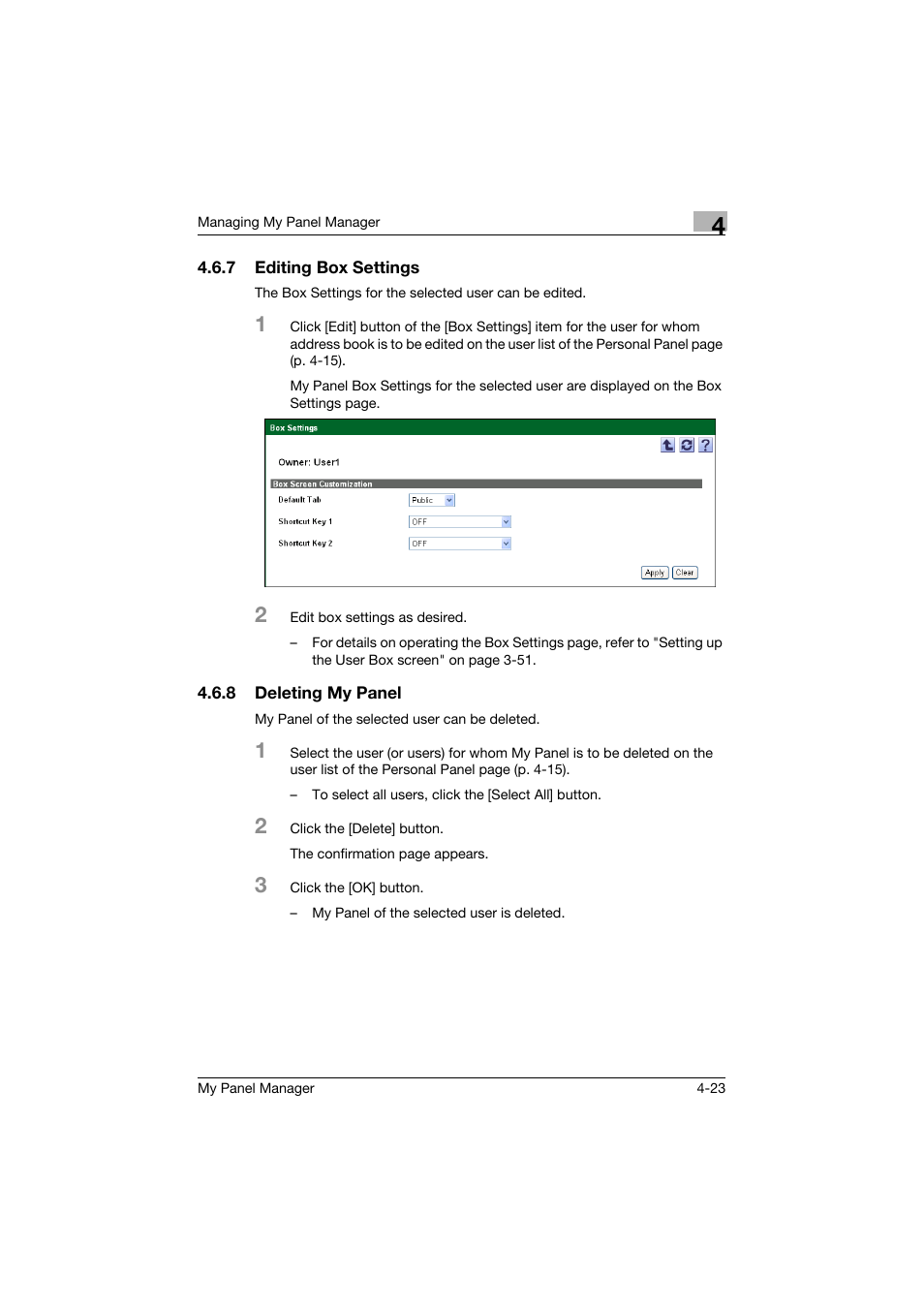 7 editing box settings, 8 deleting my panel, Editing box settings -23 | Deleting my panel -23 | Konica Minolta PageScope Enterprise Suite User Manual | Page 100 / 132