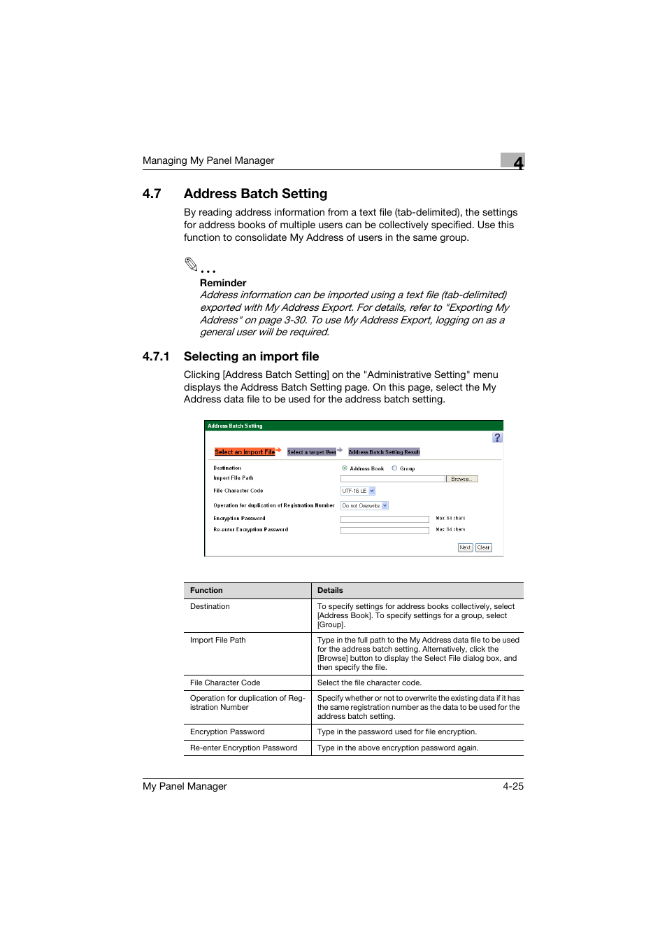 7 address batch setting, 1 selecting an import file, Address batch setting -25 | Selecting an import file -25 | Konica Minolta PageScope Enterprise Suite User Manual | Page 102 / 132