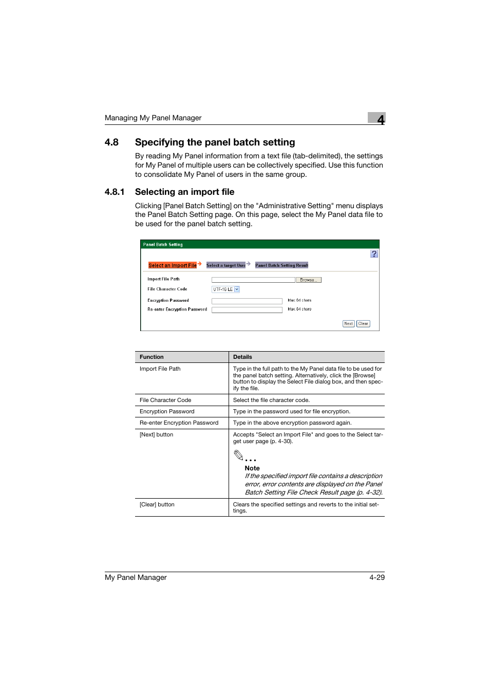 8 specifying the panel batch setting, 1 selecting an import file, Specifying the panel batch setting -29 | Selecting an import file -29 | Konica Minolta PageScope Enterprise Suite User Manual | Page 106 / 132