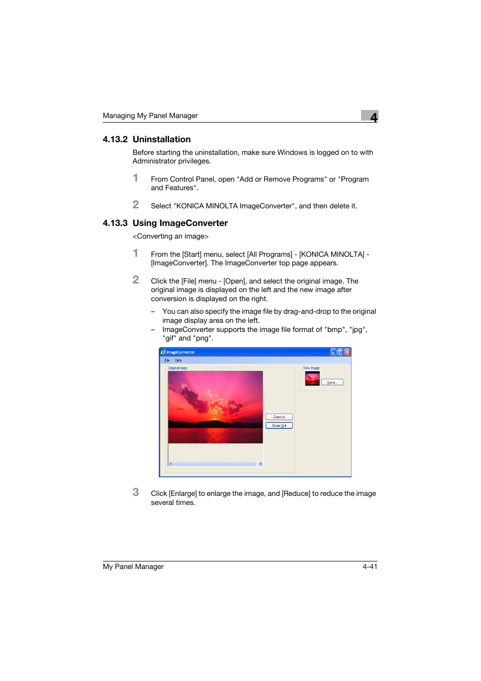 2 uninstallation, 3 using imageconverter, Uninstallation -41 | Using imageconverter -41 | Konica Minolta PageScope Enterprise Suite User Manual | Page 118 / 132