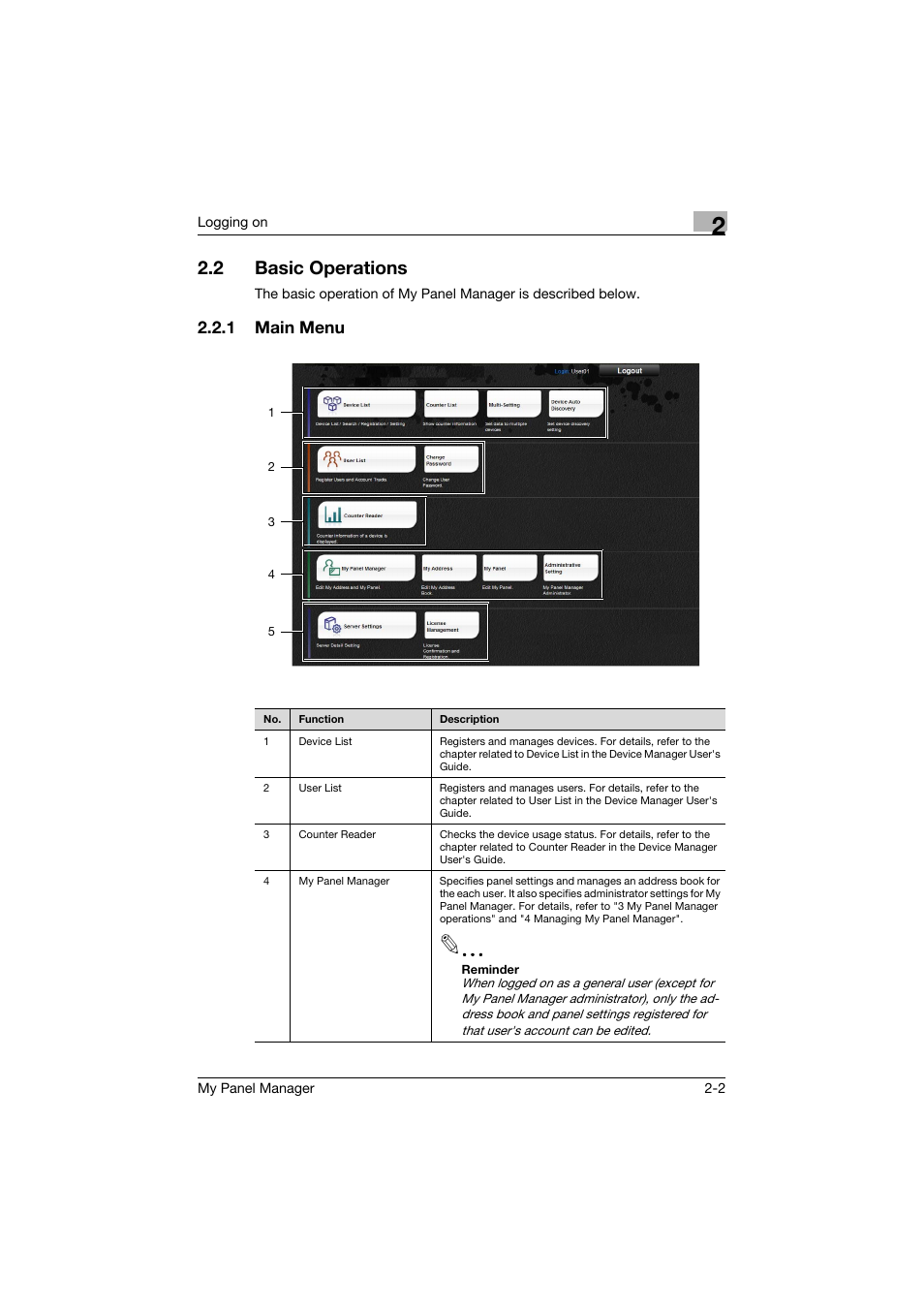 2 basic operations, 1 main menu, Basic operations -2 | Main menu -2 | Konica Minolta PageScope Enterprise Suite User Manual | Page 12 / 132