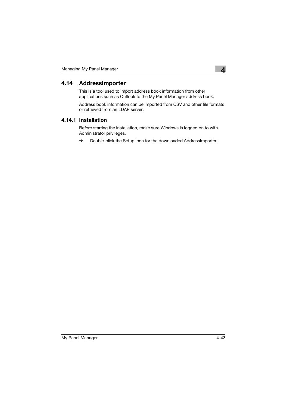 14 addressimporter, 1 installation, Addressimporter -43 | Installation -43 | Konica Minolta PageScope Enterprise Suite User Manual | Page 120 / 132