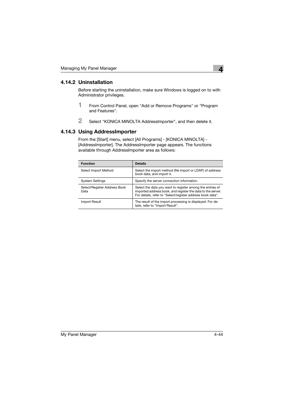 2 uninstallation, 3 using addressimporter, Uninstallation -44 | Using addressimporter -44 | Konica Minolta PageScope Enterprise Suite User Manual | Page 121 / 132