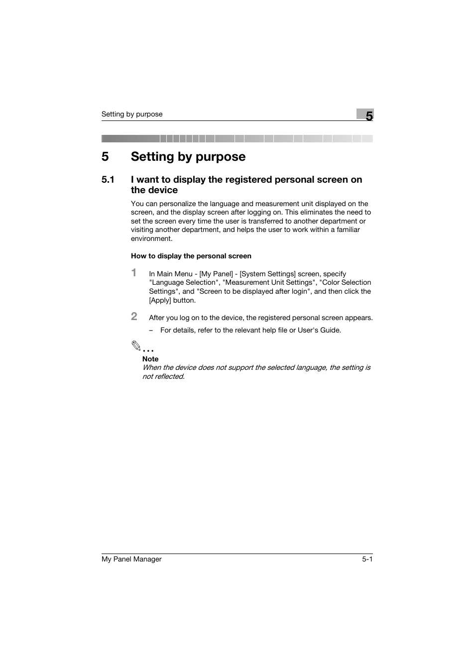 5 setting by purpose, How to display the personal screen, Setting by purpose | How to display the personal screen -1, 5setting by purpose | Konica Minolta PageScope Enterprise Suite User Manual | Page 128 / 132