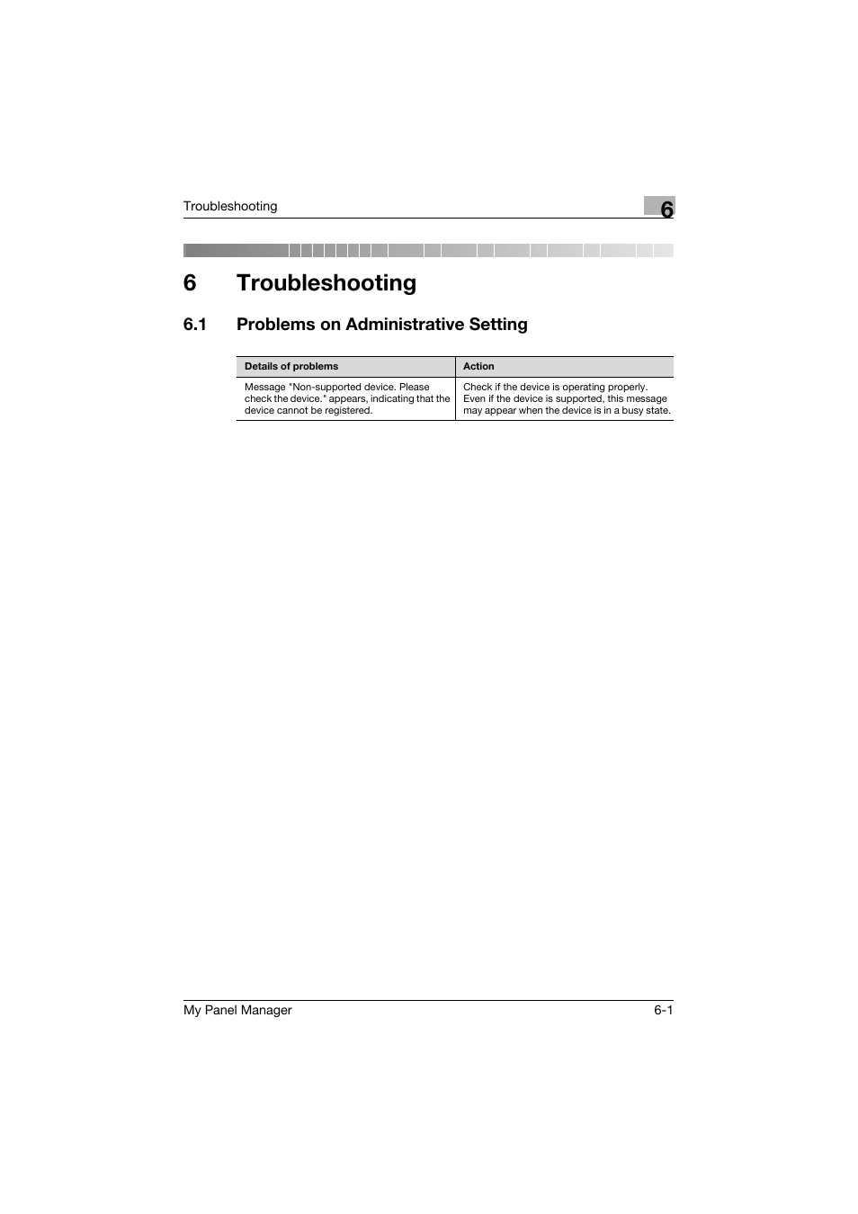 6 troubleshooting, 1 problems on administrative setting, Troubleshooting | Problems on administrative setting -1, 6troubleshooting | Konica Minolta PageScope Enterprise Suite User Manual | Page 131 / 132