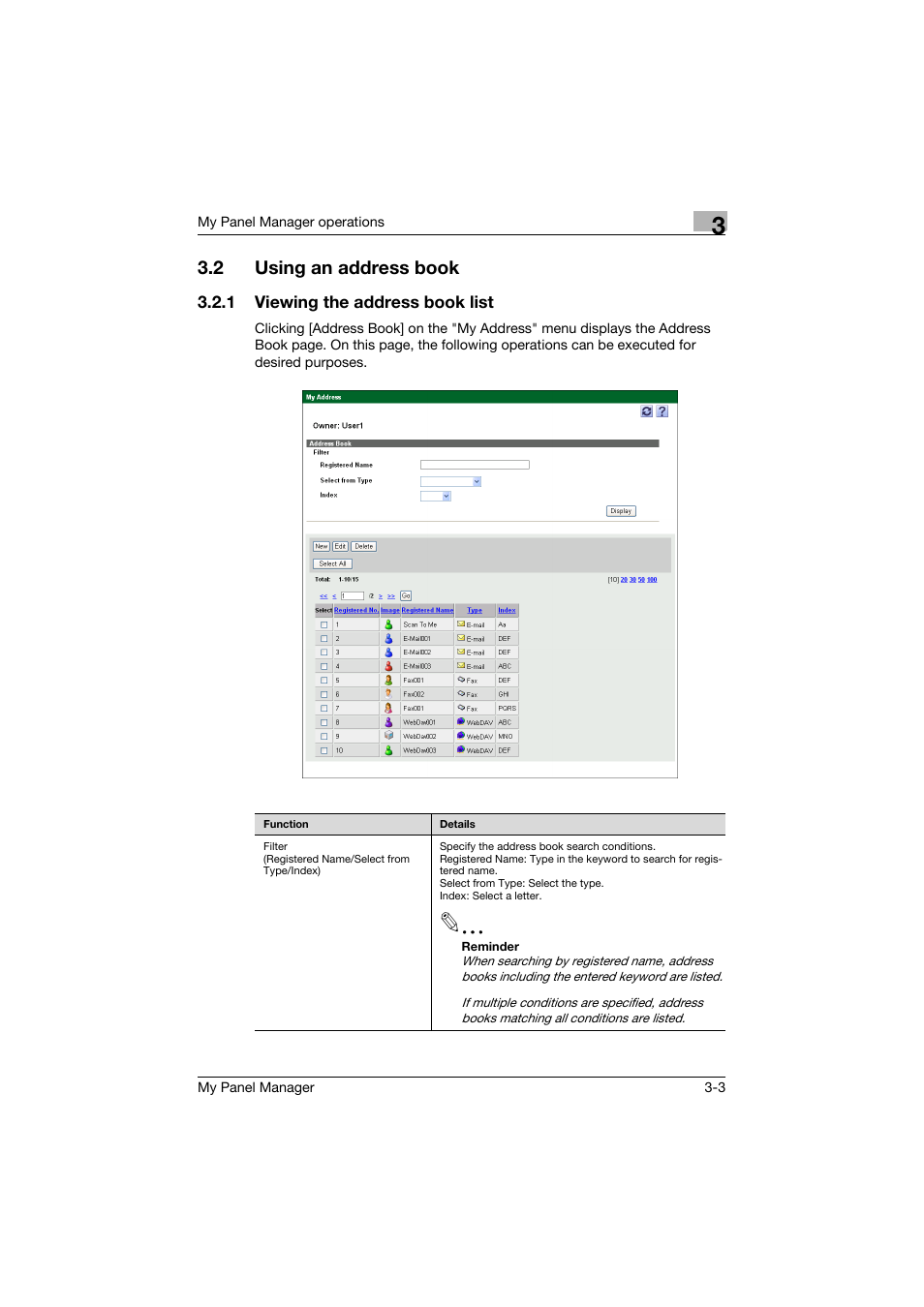2 using an address book, 1 viewing the address book list, Using an address book -3 | Viewing the address book list -3 | Konica Minolta PageScope Enterprise Suite User Manual | Page 17 / 132