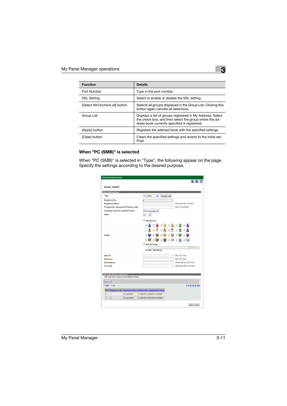 When "pc (smb)" is selected, When "pc (smb)" is selected -11 | Konica Minolta PageScope Enterprise Suite User Manual | Page 25 / 132