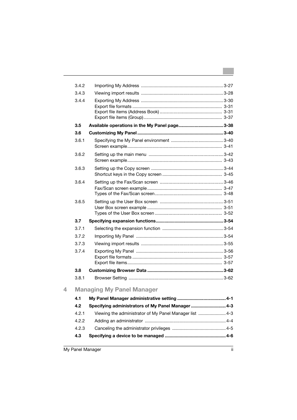 4managing my panel manager | Konica Minolta PageScope Enterprise Suite User Manual | Page 3 / 132