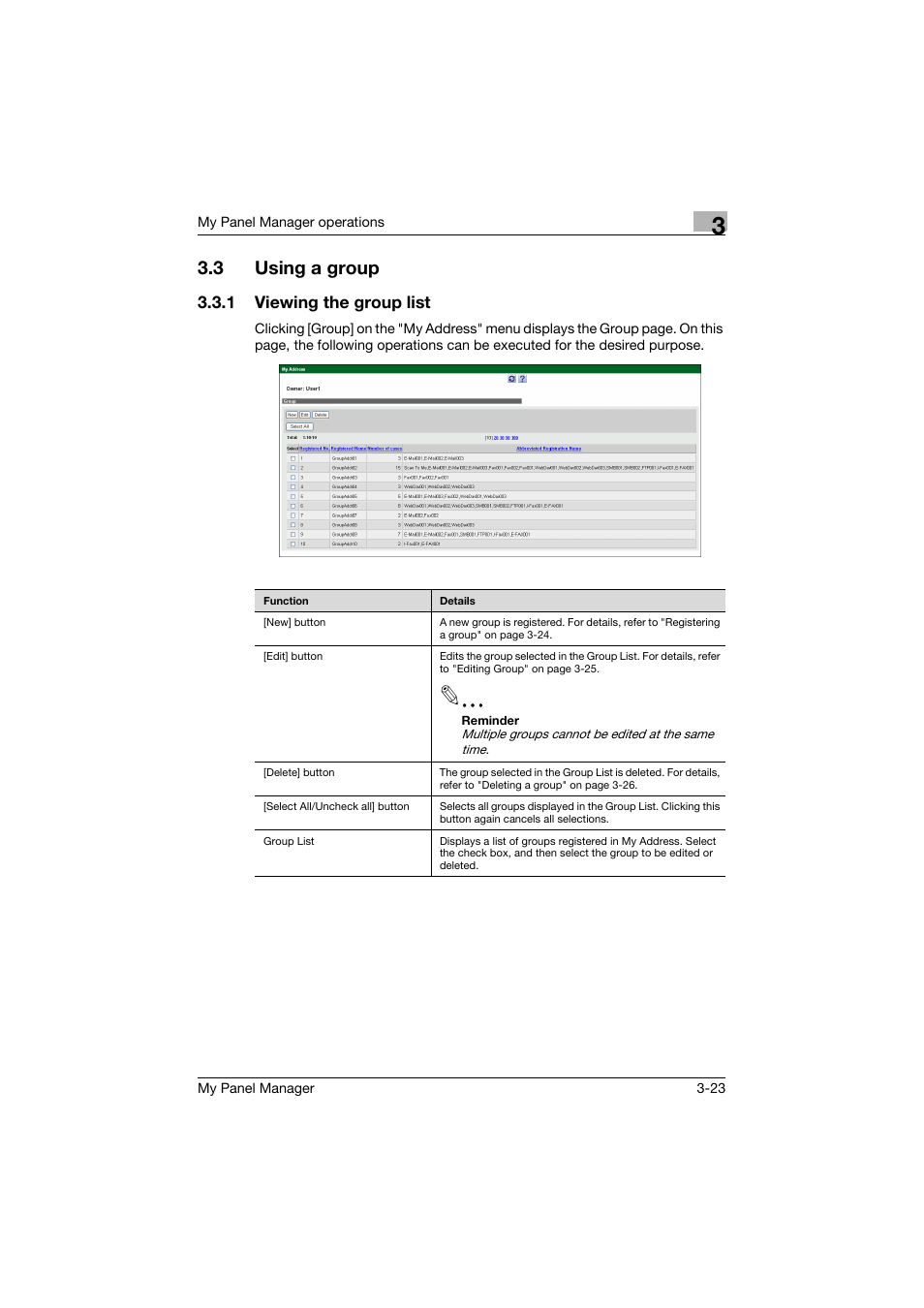 3 using a group, 1 viewing the group list, Using a group -23 | Viewing the group list -23 | Konica Minolta PageScope Enterprise Suite User Manual | Page 37 / 132