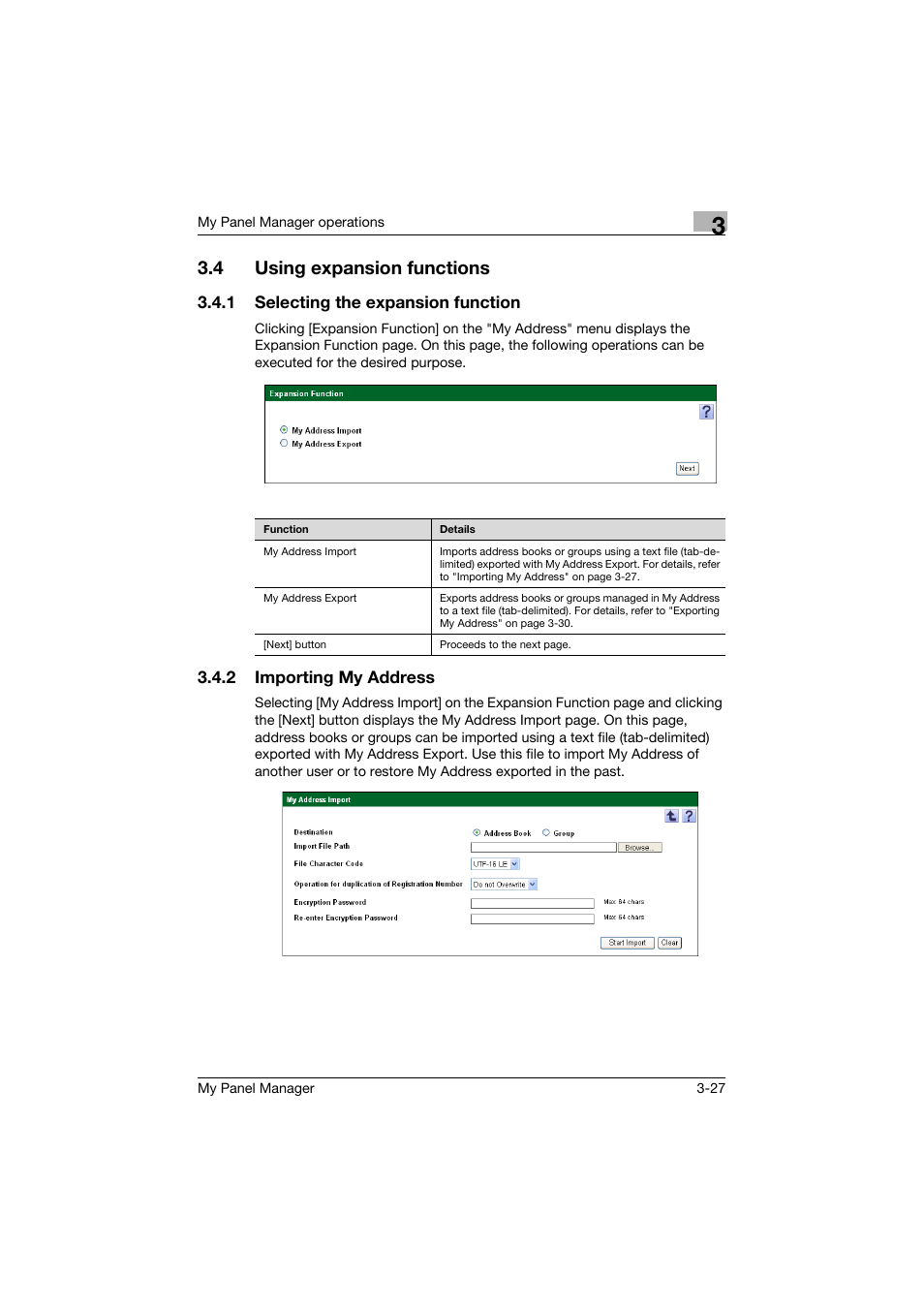 4 using expansion functions, 1 selecting the expansion function, 2 importing my address | Using expansion functions -27, Selecting the expansion function -27, Importing my address -27 | Konica Minolta PageScope Enterprise Suite User Manual | Page 41 / 132