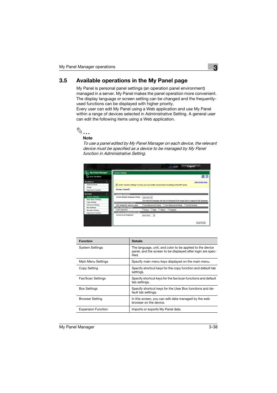5 available operations in the my panel page | Konica Minolta PageScope Enterprise Suite User Manual | Page 52 / 132