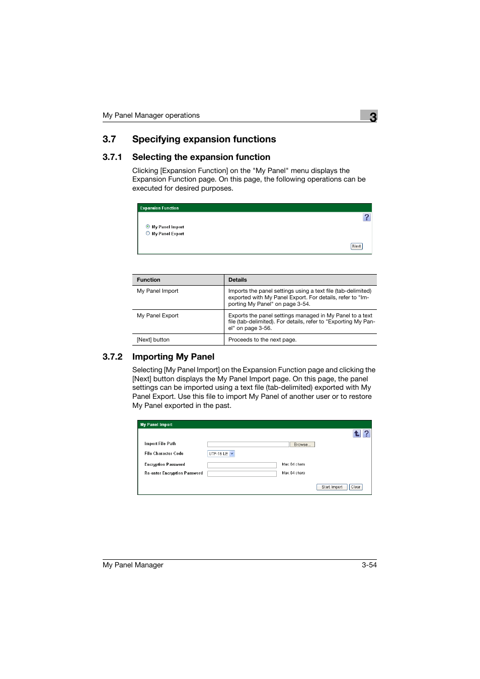 7 specifying expansion functions, 1 selecting the expansion function, 2 importing my panel | Specifying expansion functions -54, Selecting the expansion function -54, Importing my panel -54 | Konica Minolta PageScope Enterprise Suite User Manual | Page 68 / 132