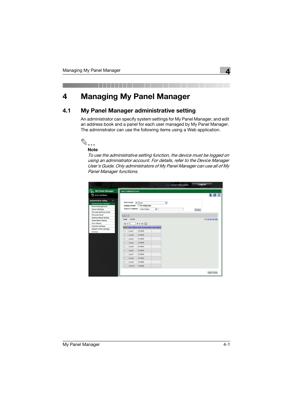 4 managing my panel manager, 1 my panel manager administrative setting, Managing my panel manager | My panel manager administrative setting -1, 4managing my panel manager | Konica Minolta PageScope Enterprise Suite User Manual | Page 78 / 132