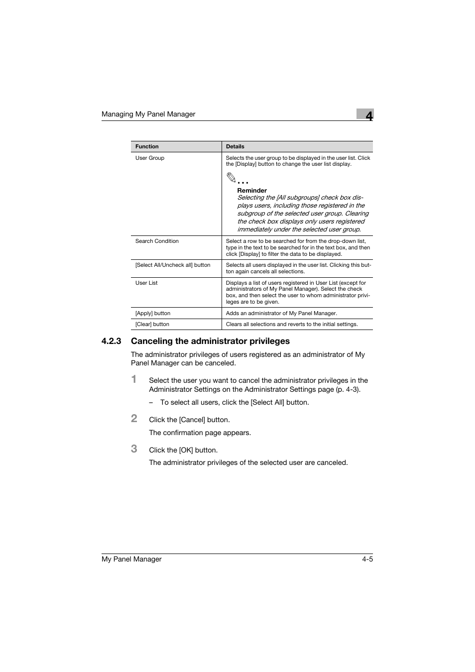 3 canceling the administrator privileges, Canceling the administrator privileges -5 | Konica Minolta PageScope Enterprise Suite User Manual | Page 82 / 132