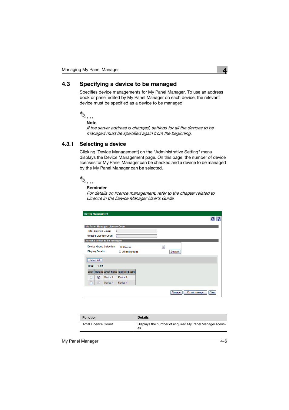 3 specifying a device to be managed, 1 selecting a device, Specifying a device to be managed -6 | Selecting a device -6 | Konica Minolta PageScope Enterprise Suite User Manual | Page 83 / 132