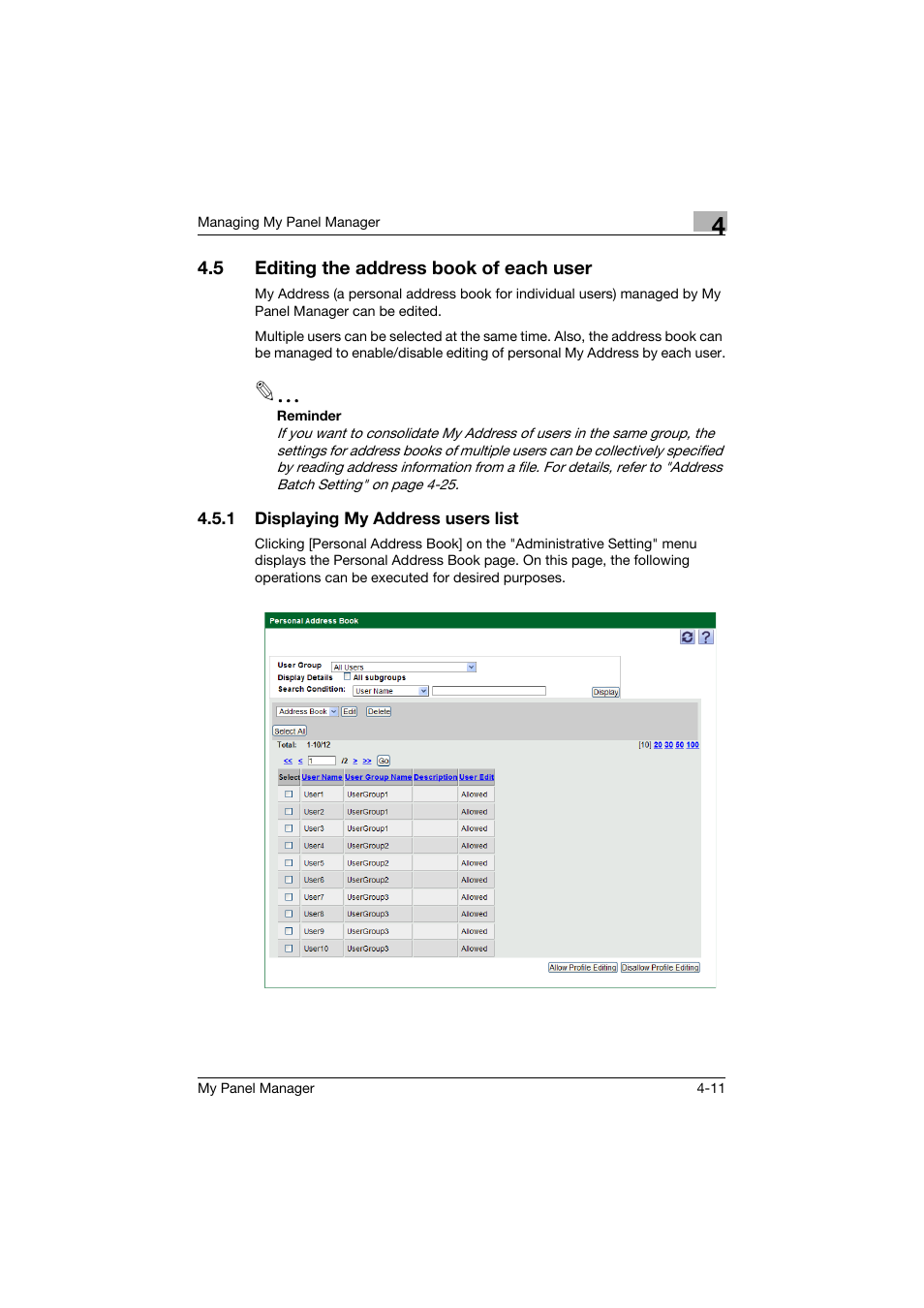 5 editing the address book of each user, 1 displaying my address users list, Editing the address book of each user -11 | Displaying my address users list -11 | Konica Minolta PageScope Enterprise Suite User Manual | Page 88 / 132