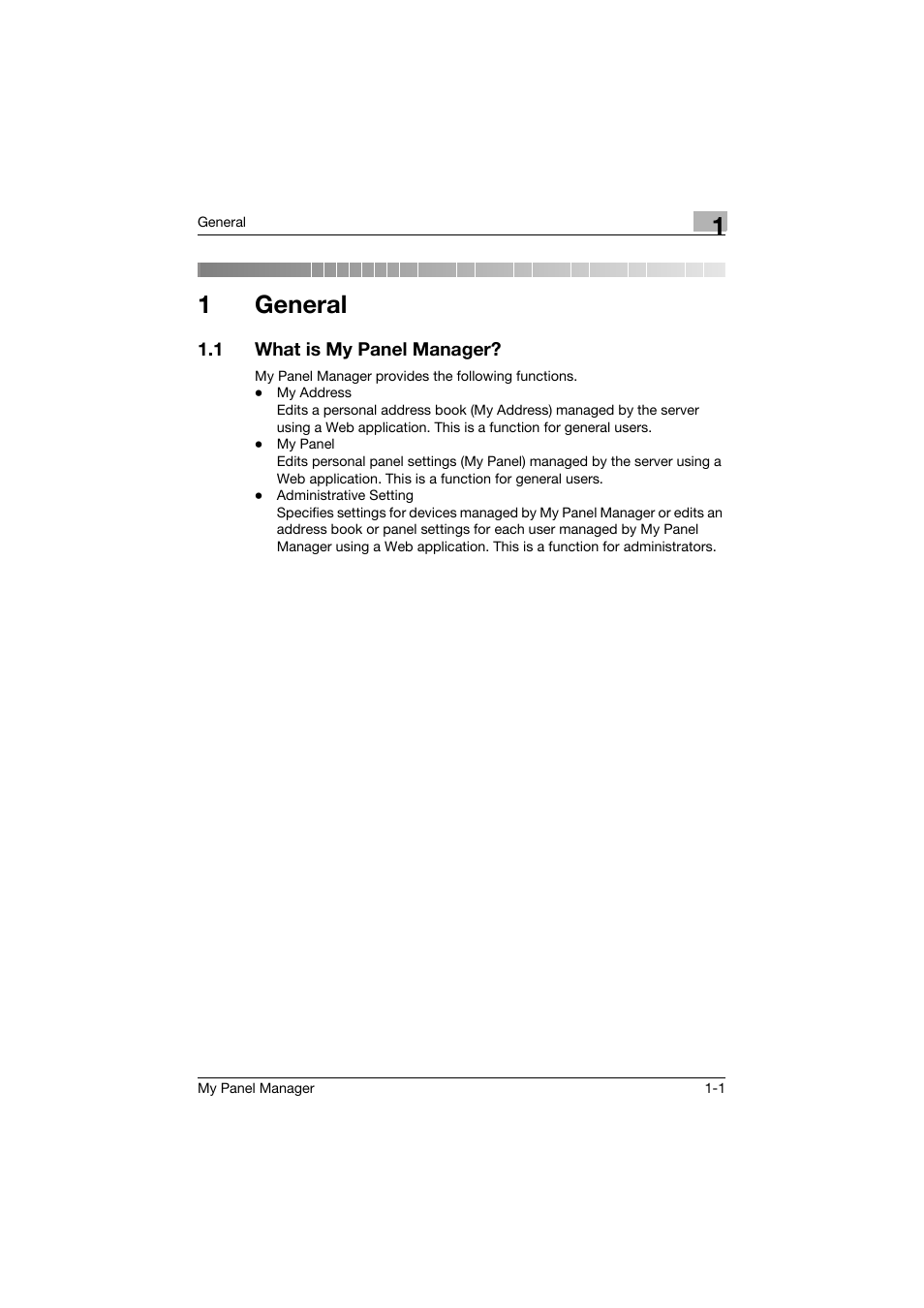 1 general, 1 what is my panel manager, General | What is my panel manager? -1, 1general | Konica Minolta PageScope Enterprise Suite User Manual | Page 9 / 132