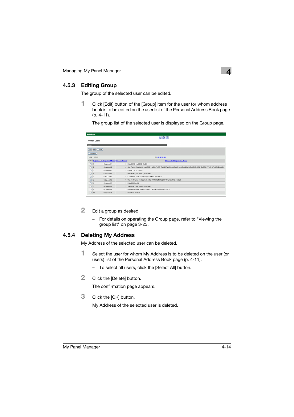 3 editing group, 4 deleting my address, Editing group -14 | Deleting my address -14 | Konica Minolta PageScope Enterprise Suite User Manual | Page 91 / 132