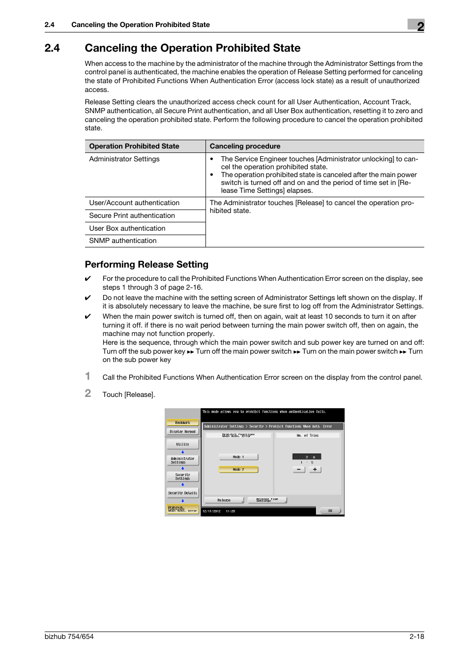 4 canceling the operation prohibited state, Performing release setting | Konica Minolta bizhub 754 User Manual | Page 34 / 195