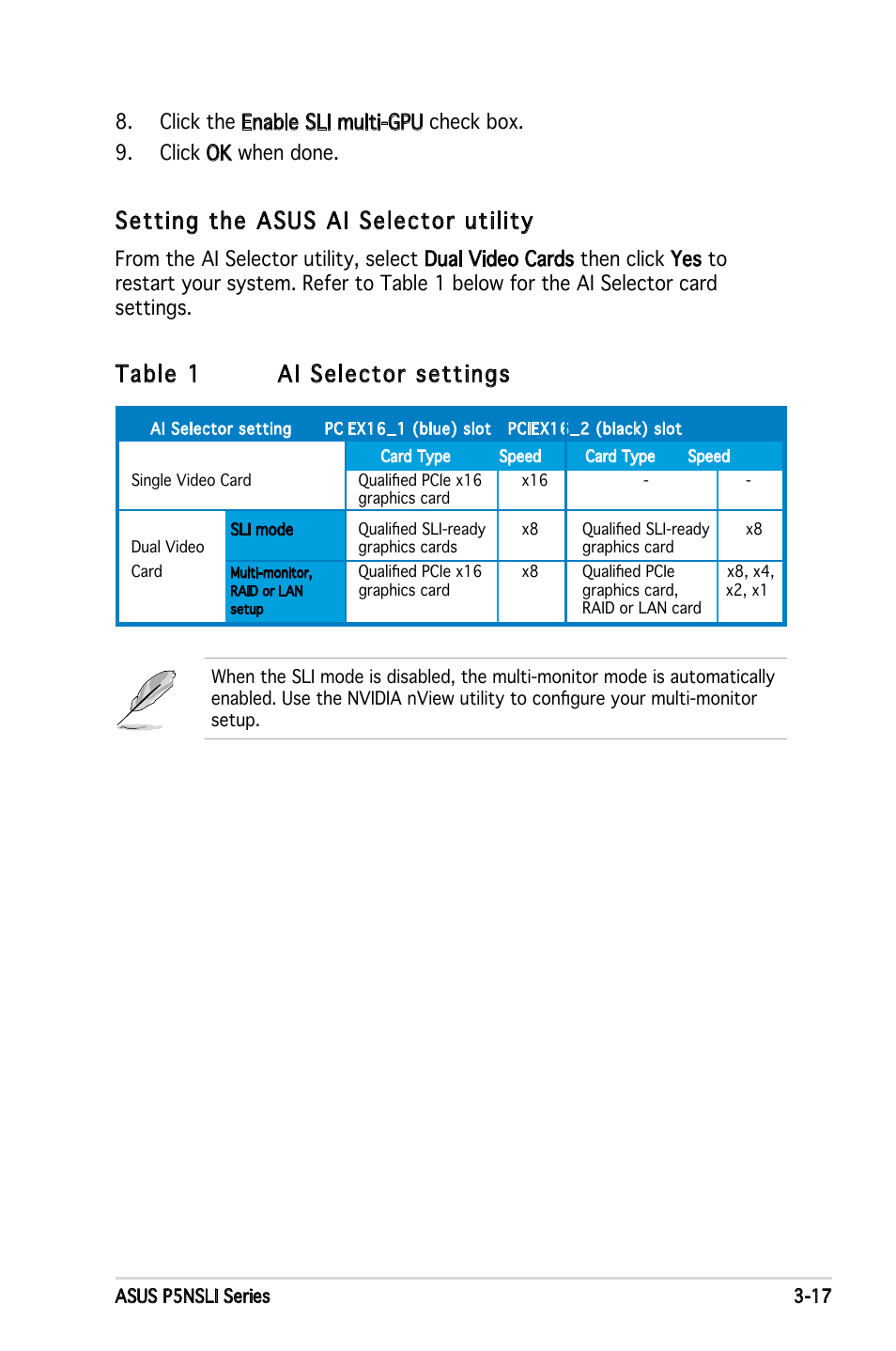 Setting the asus ai selector utility, Table 1 ai selector settings | Asus E2234 User Manual | Page 119 / 124