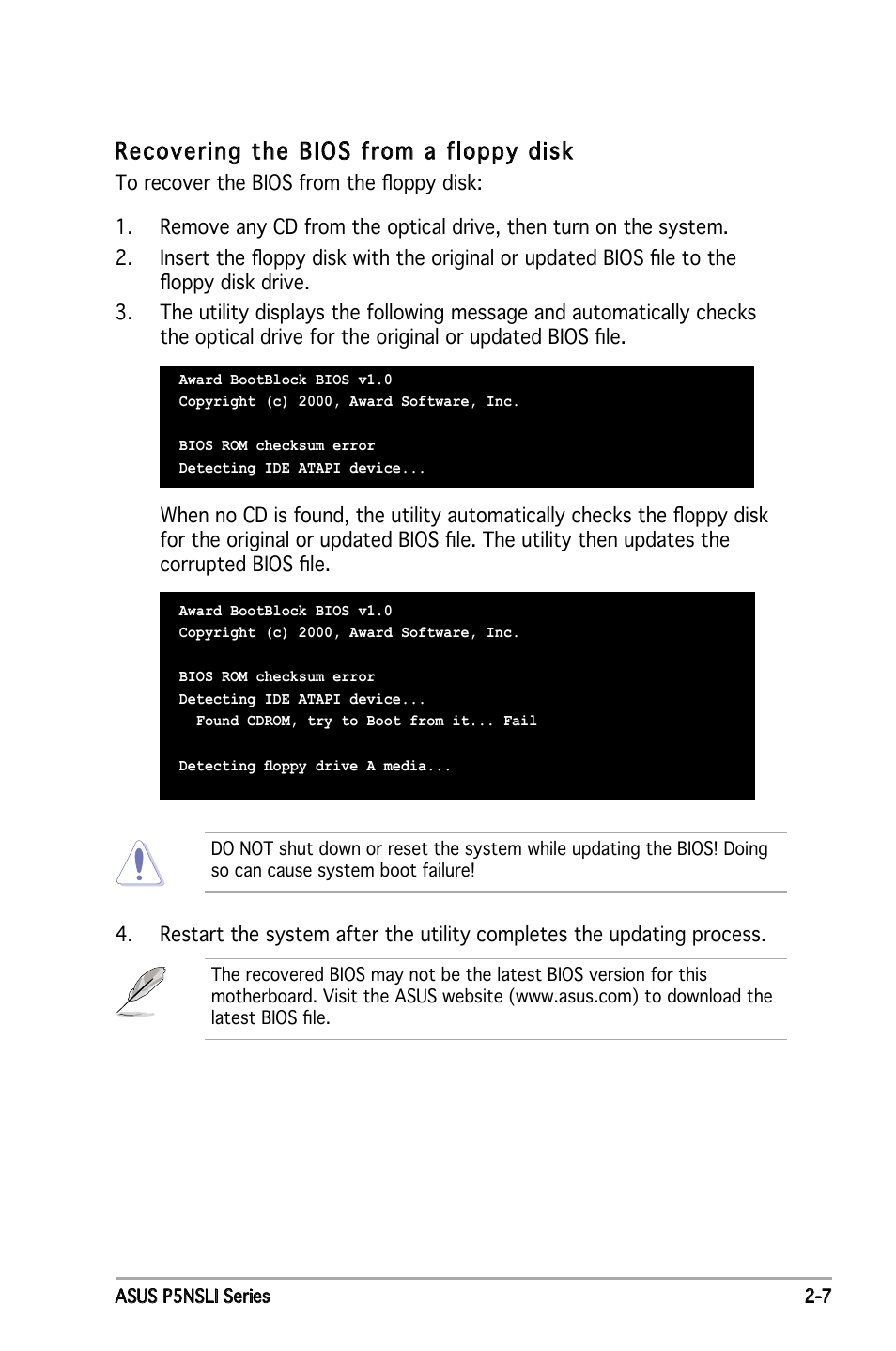 Recovering the bios from a floppy disk | Asus E2234 User Manual | Page 57 / 124