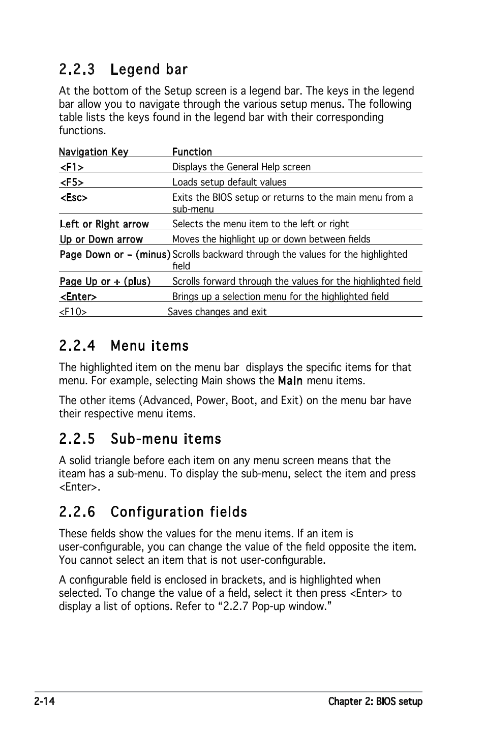 4 menu items, 5 sub-menu items, 6 configuration fields | 3 legend bar | Asus E2234 User Manual | Page 64 / 124