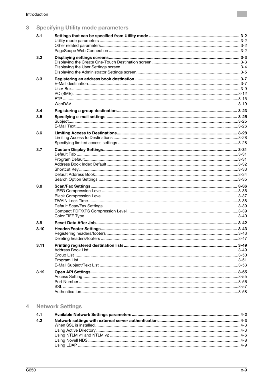 3specifying utility mode parameters, 4network settings | Konica Minolta bizhub C650 User Manual | Page 10 / 304