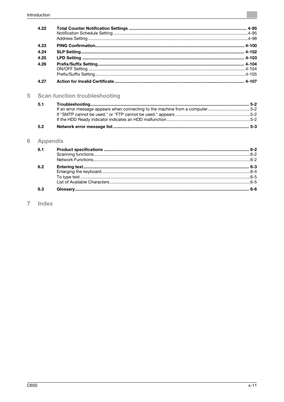 5scan function troubleshooting, 6appendix, 7index | Konica Minolta bizhub C650 User Manual | Page 12 / 304