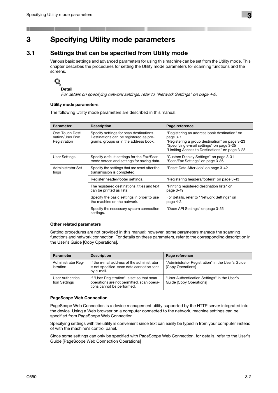 3 specifying utility mode parameters, 1 settings that can be specified from utility mode, Utility mode parameters | Other related parameters, Specifying utility mode parameters, 3specifying utility mode parameters | Konica Minolta bizhub C650 User Manual | Page 123 / 304