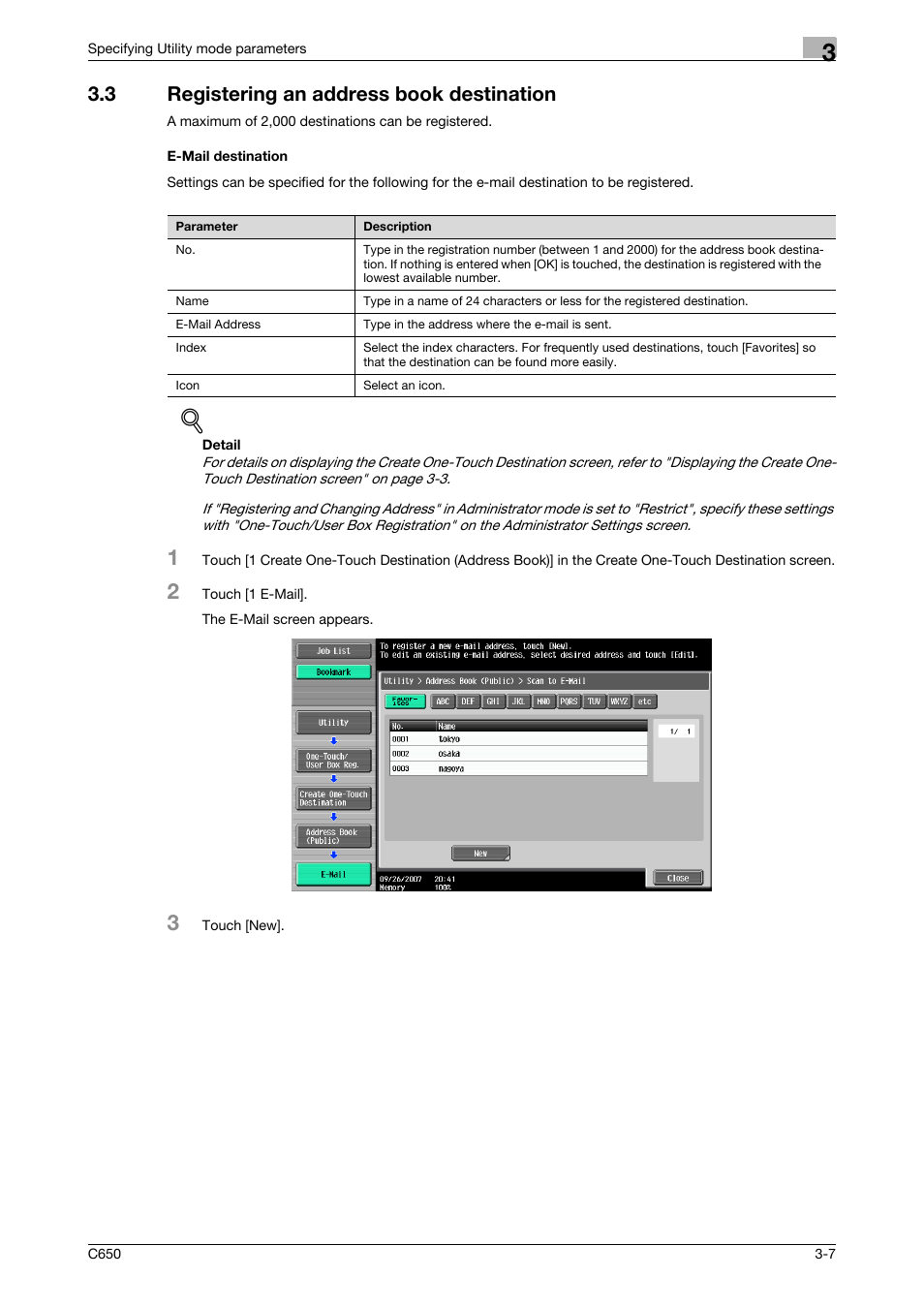 3 registering an address book destination, E-mail destination | Konica Minolta bizhub C650 User Manual | Page 128 / 304