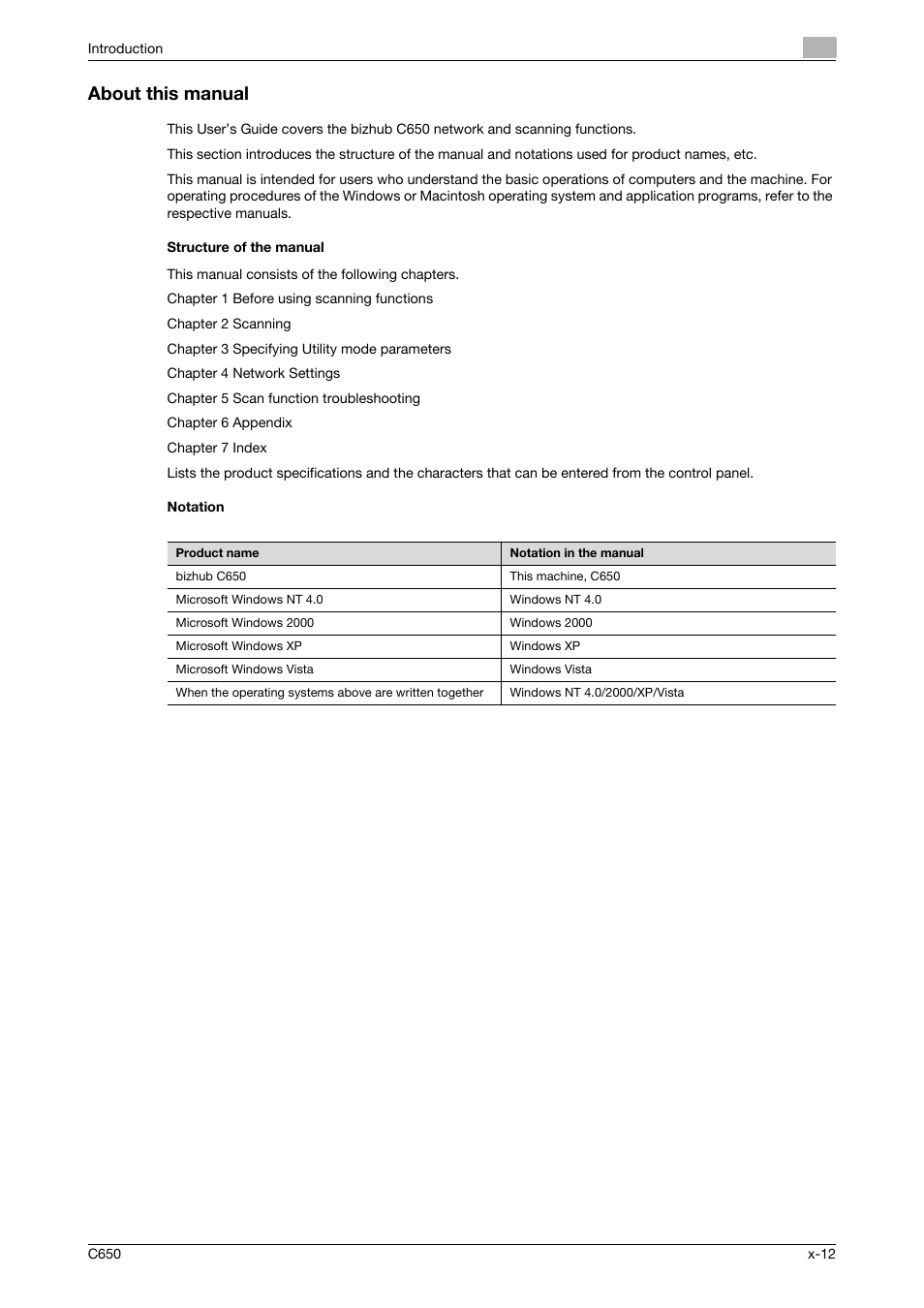 About this manual, Structure of the manual, Notation | Konica Minolta bizhub C650 User Manual | Page 13 / 304