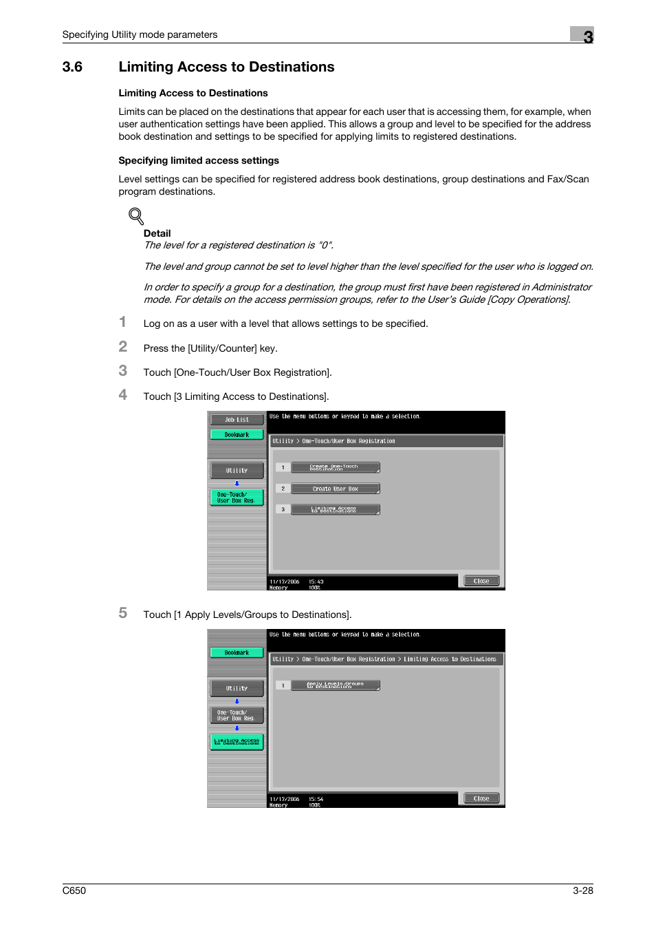 6 limiting access to destinations, Limiting access to destinations, Specifying limited access settings | Konica Minolta bizhub C650 User Manual | Page 149 / 304