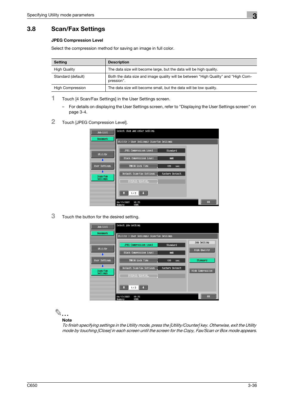 8 scan/fax settings, Jpeg compression level, Scan/fax settings -36 jpeg compression level -36 | Konica Minolta bizhub C650 User Manual | Page 157 / 304