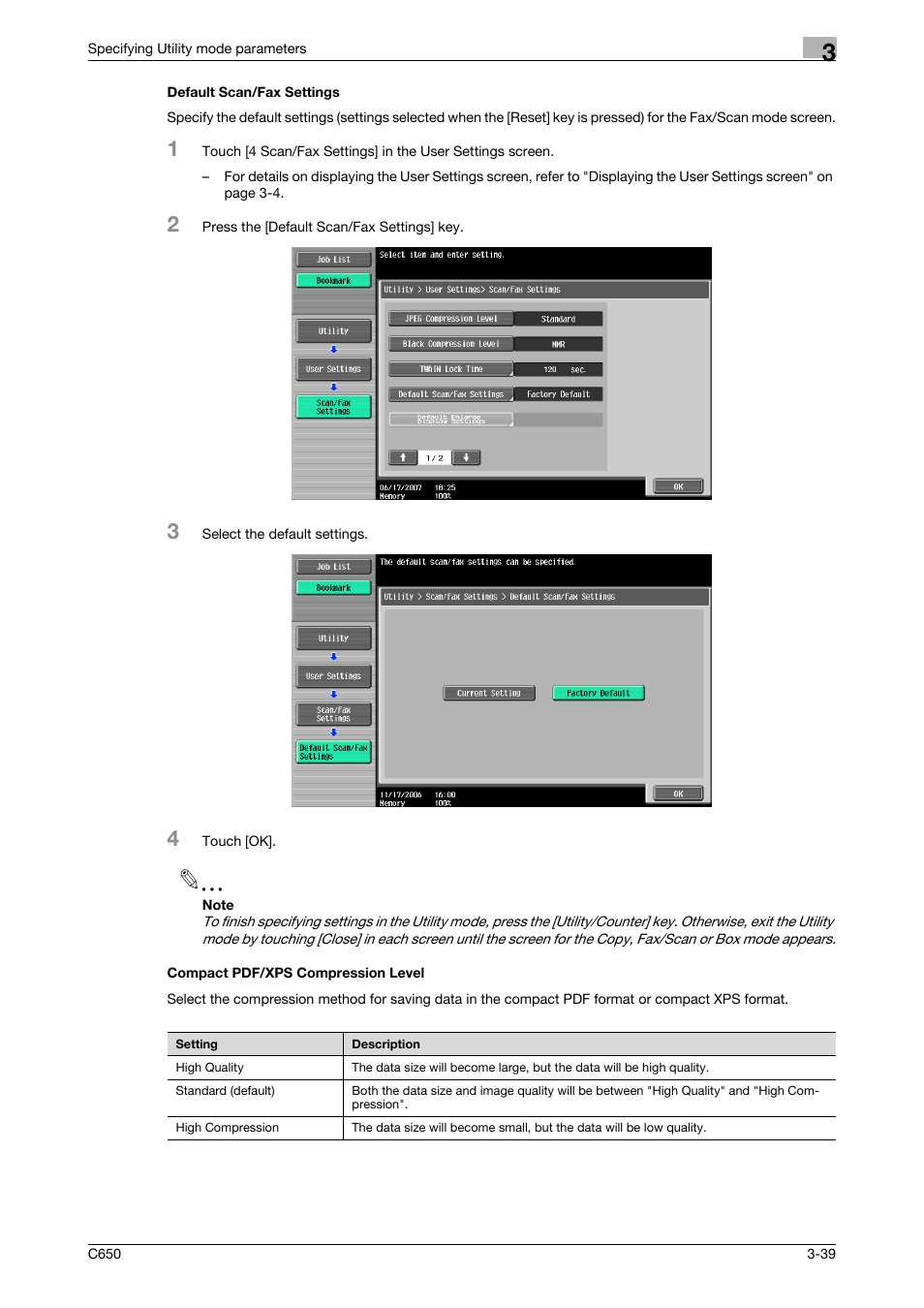 Default scan/fax settings, Compact pdf/xps compression level | Konica Minolta bizhub C650 User Manual | Page 160 / 304