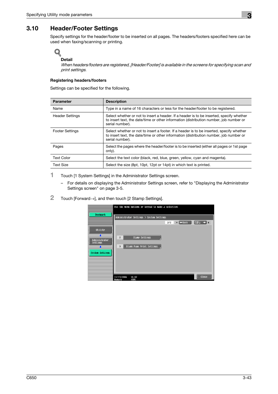 10 header/footer settings, Registering headers/footers | Konica Minolta bizhub C650 User Manual | Page 164 / 304