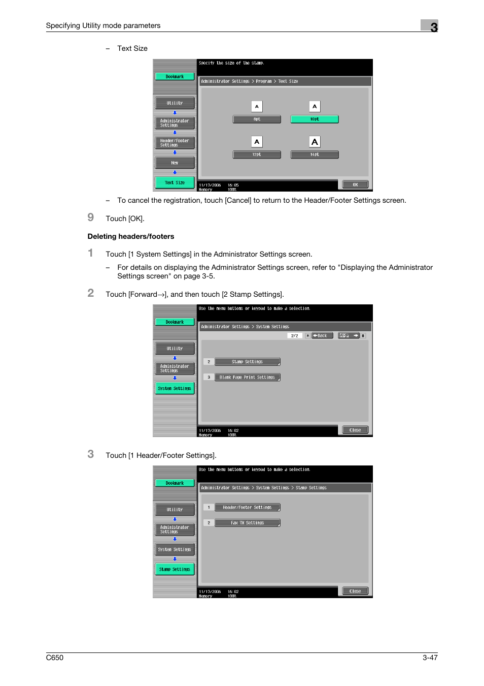 Deleting headers/footers, Deleting headers/footers -47 | Konica Minolta bizhub C650 User Manual | Page 168 / 304