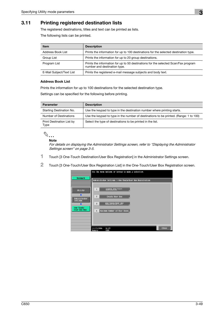 11 printing registered destination lists, Address book list | Konica Minolta bizhub C650 User Manual | Page 170 / 304
