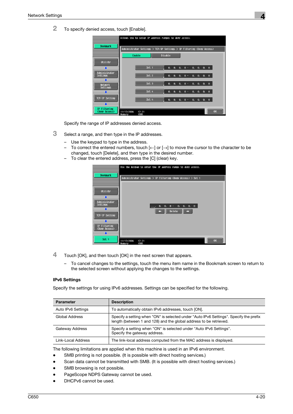 Ipv6 settings, Ipv6 settings -20 | Konica Minolta bizhub C650 User Manual | Page 200 / 304