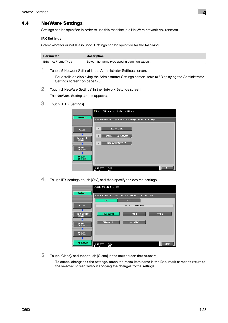 4 netware settings, Ipx settings, Netware settings -28 ipx settings -28 | Konica Minolta bizhub C650 User Manual | Page 208 / 304