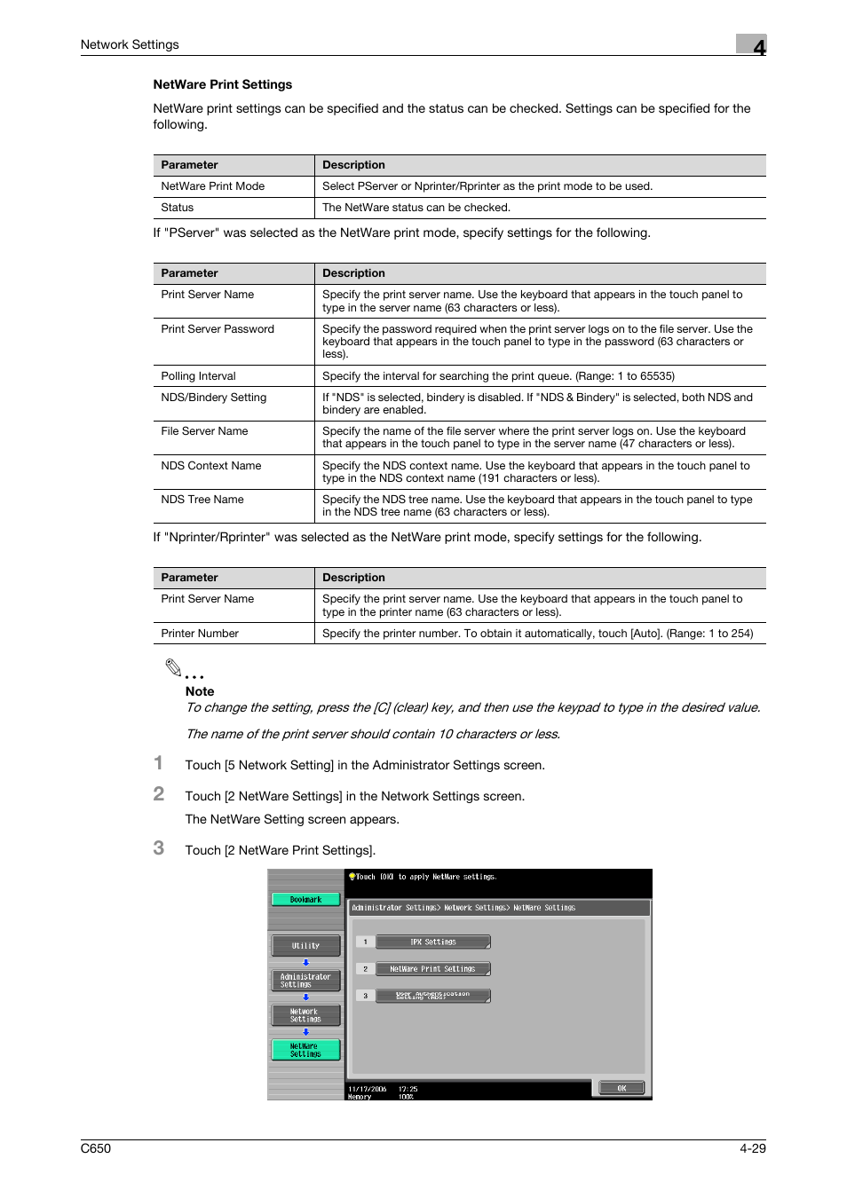 Netware print settings, Netware print settings -29 | Konica Minolta bizhub C650 User Manual | Page 209 / 304