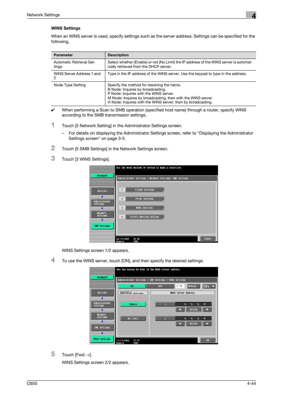 Wins settings, Wins settings -44 | Konica Minolta bizhub C650 User Manual | Page 224 / 304