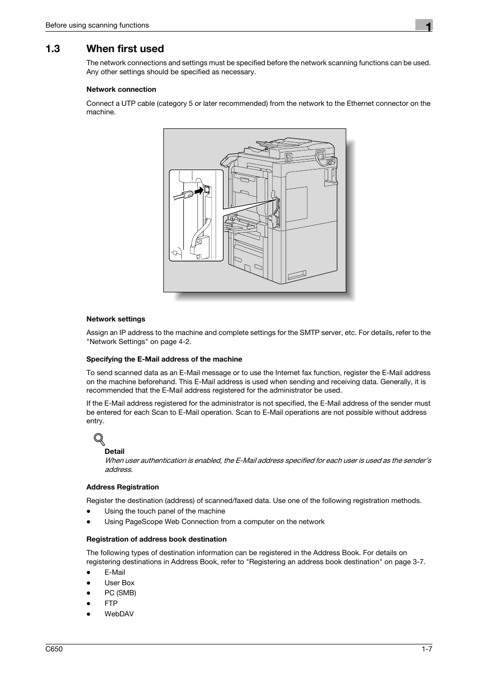 3 when first used, Network connection, Network settings | Specifying the e-mail address of the machine, Address registration, Registration of address book destination | Konica Minolta bizhub C650 User Manual | Page 23 / 304