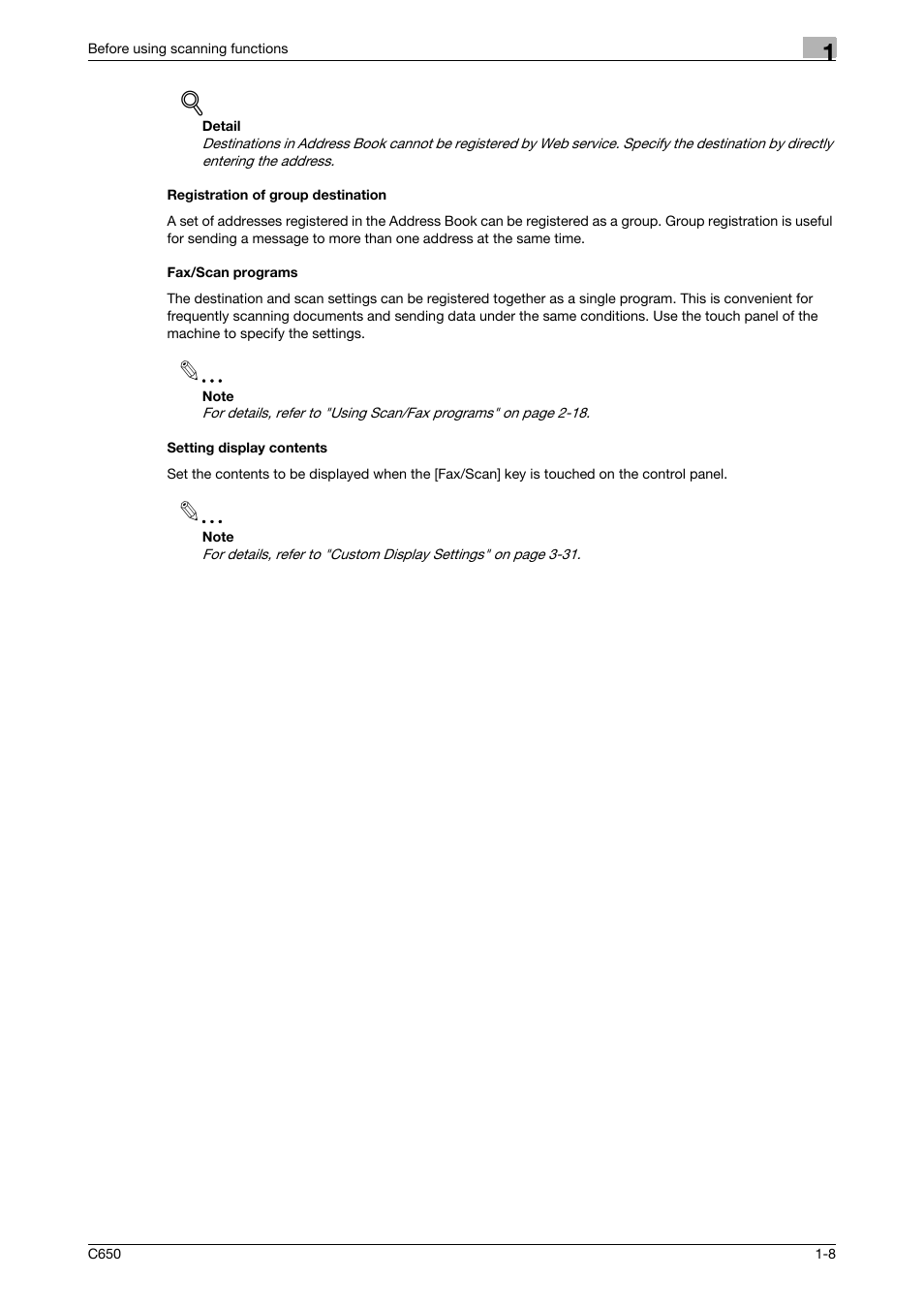 Registration of group destination, Fax/scan programs, Setting display contents | Konica Minolta bizhub C650 User Manual | Page 24 / 304