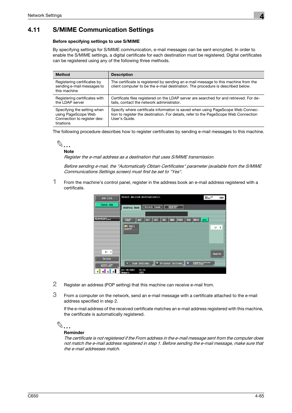 11 s/mime communication settings, Before specifying settings to use s/mime | Konica Minolta bizhub C650 User Manual | Page 245 / 304