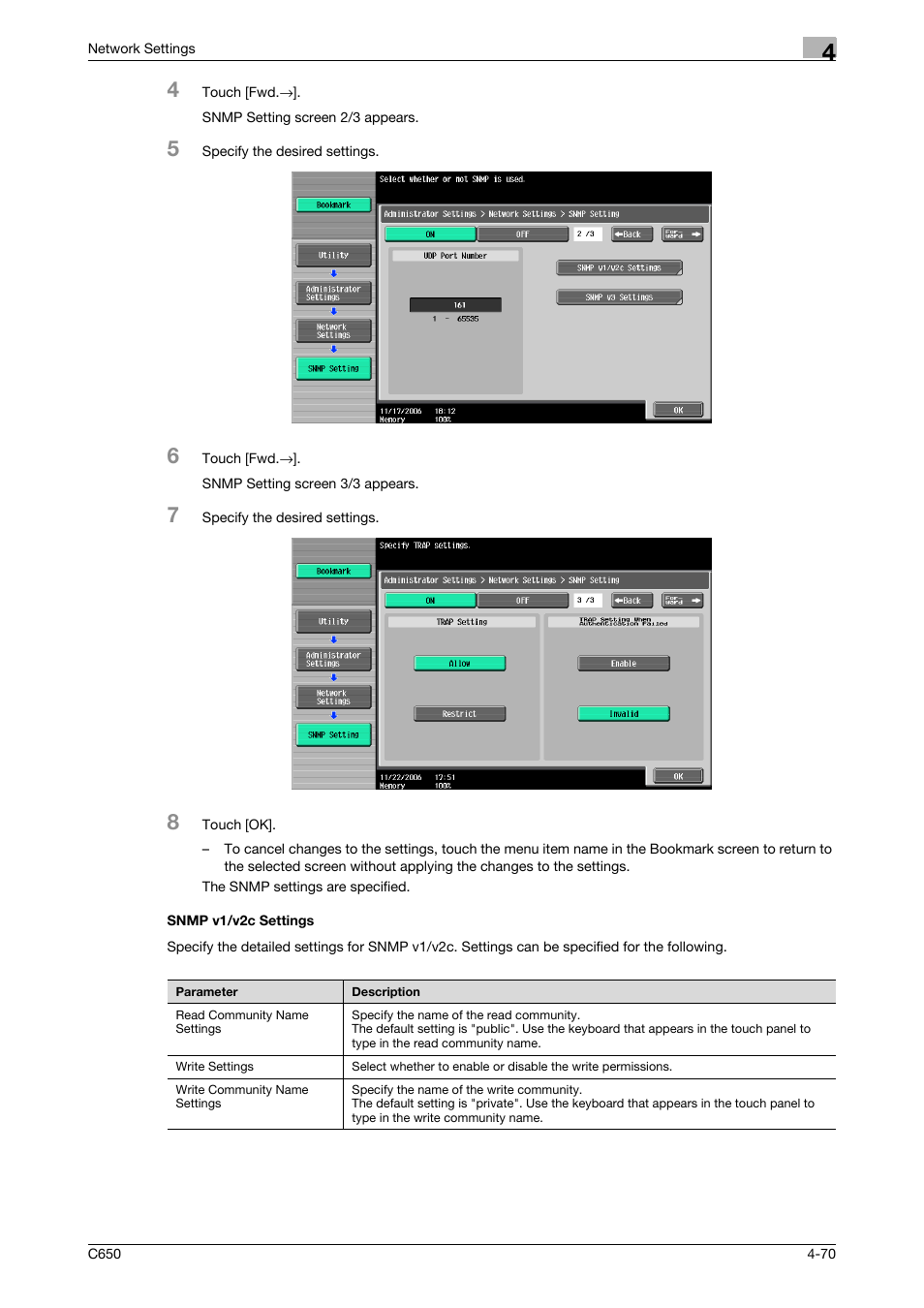 Snmp v1/v2c settings, Snmp v1/v2c settings -70 | Konica Minolta bizhub C650 User Manual | Page 250 / 304